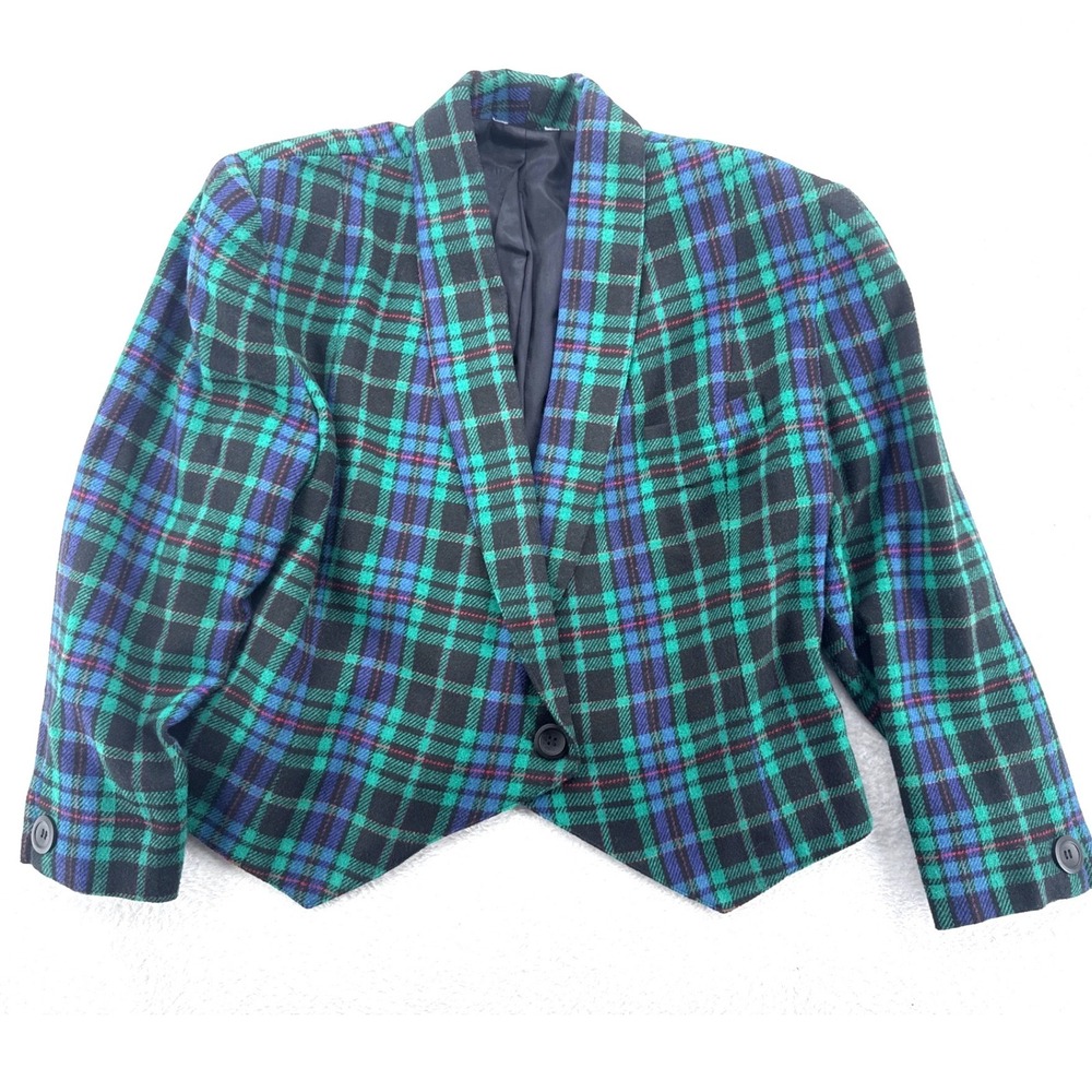 VTG Gilmor Women Blazer Size 12 Green Plaid Cropped Lapel One Button Jacket